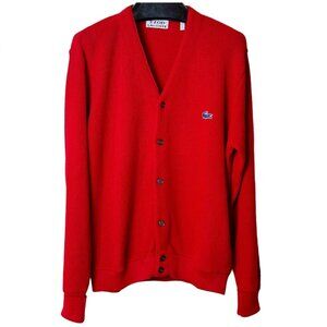 VINTAGE IZOD Lacoste Red 1960s V-Neck Button Down Cardigan Sweater Mens Size Med
